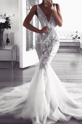 Glamorous Sexy Mermaid Lace Wedding Dresses | Sleeveless Tulle Deep v-Neck Appliques Bridal Gowns_3