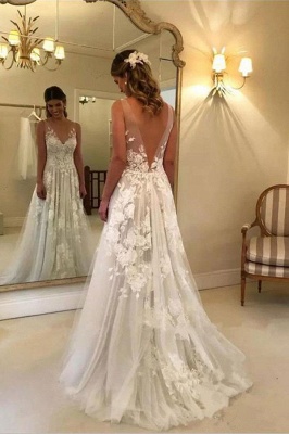 Stunning Rose A-line Wedding Dresses | V-Neck Appliques Bridal Gowns_3
