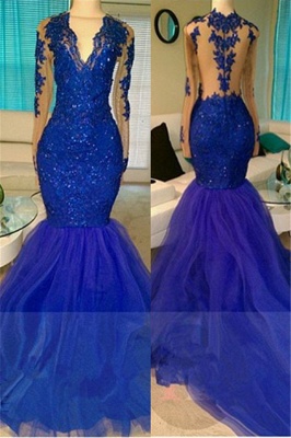 Royal Blue Prom Dresses Long Sleeves Lace Appliques Mermaid Evening Gowns_1