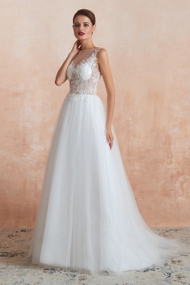 Sheer Top Bateau Sleeveless Floor Length A-line Tulle Wedding Dresses_4