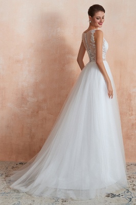 Sheer Top Bateau Sleeveless Floor Length A-line Tulle Wedding Dresses_5