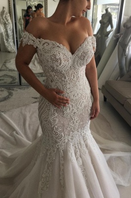 Glamorous Beaded Mermaid Wedding Dresses | Off-the-Shoulder Backless Bridal Gowns_2