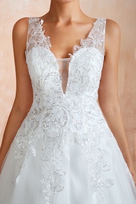 Floor Length V-neck Straps A-line Lace Tulle Wedding Dresses_10