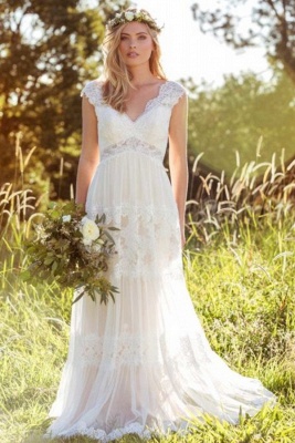 A-Line Tulle Lace V-Neck Cap-Sleeve Appliqued Wedding Dress_2