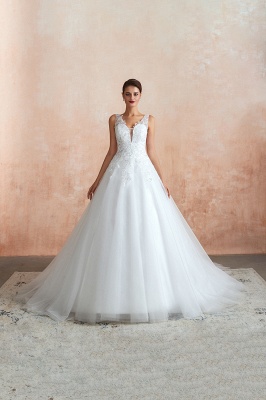 Floor Length V-neck Straps A-line Lace Tulle Wedding Dresses_1