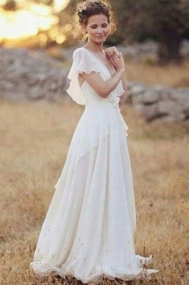 Charming Ruched Floor-Length V-neck Short Sleeves Chiffon Wedding Dresses_2