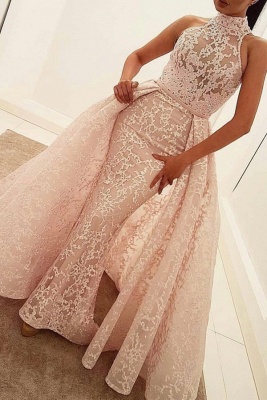 Illusion Unique Lace Sheath Puffy Sleeveless Popular High-Neck Overskirt Prom Dress_2