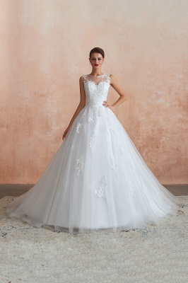 Floor Length Bateau Sleeveless Buttons Lace Tulle Puffy Wedding Dresses_7