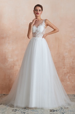 Sheer Top Bateau Sleeveless Floor Length A-line Tulle Wedding Dresses_3