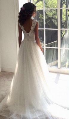 Open-Back Sash Sleeveless Lace Simple A-line Wedding Dresses_3