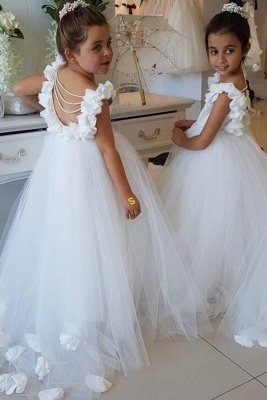 Sweet Tulle Appliques Backless Flower Girl Dresses with Pearls_5