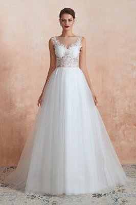 Sheer Top Bateau Sleeveless Floor Length A-line Tulle Wedding Dresses_10