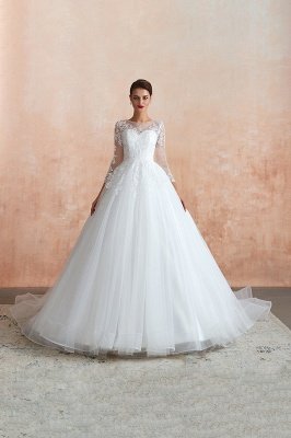 Floor Length Crew A-line Lace Tulle Wedding Dresses with Long Sleeves_5