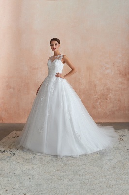 Floor Length Bateau Sleeveless Buttons Lace Tulle Puffy Wedding Dresses_5