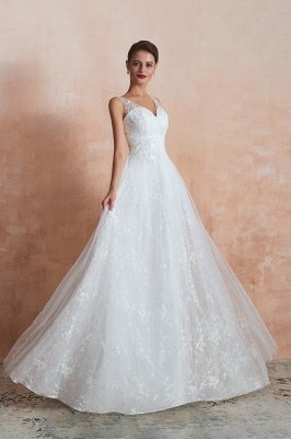 Floor Length Straps V-neck Sexy A-line Lace Tulle Wedding Dresses_7