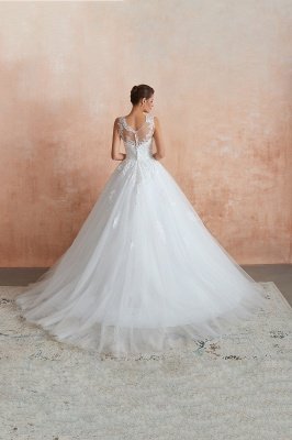 Floor Length Bateau Sleeveless Buttons Lace Tulle Puffy Wedding Dresses_8