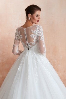 Floor Length Crew A-line Lace Tulle Wedding Dresses with Long Sleeves_8