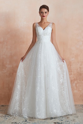 Floor Length Straps V-neck Sexy A-line Lace Tulle Wedding Dresses_4