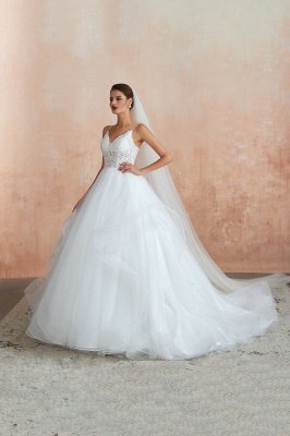 Spaghetti Straps V-neck Lace Organza Tiered A-line Sexy Wedding Dresses_3