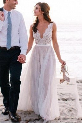 Glamorous Sleeveless Floor-Length Scoop Lace Tulle Wedding Dresses_2
