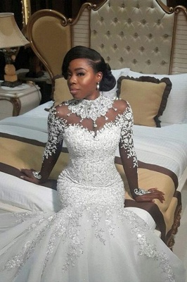 Fashion Beaded Lace Appliques High Neck Wedding Dress | Sexy Mermaid Bridal Dresses_2