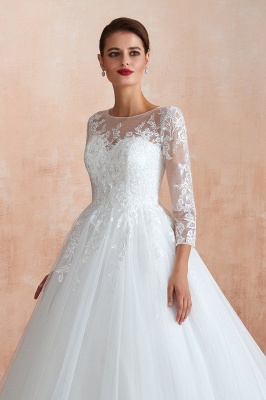 Floor Length Crew A-line Lace Tulle Wedding Dresses with Long Sleeves_11