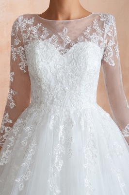 Floor Length Crew A-line Lace Tulle Wedding Dresses with Long Sleeves_9