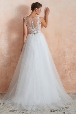 Sheer Top Bateau Sleeveless Floor Length A-line Tulle Wedding Dresses_7