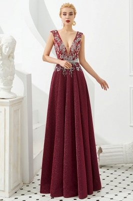 Straps Deep V-neck Beaded Sexy Long Prom Dresses | Elegant Floor Length Evening Dresses_2