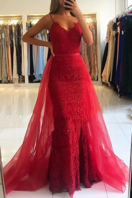 Red Sheath Spaghetti Straps Prom Dresses | Sexy Lace OverSkirt Evening Dress_2