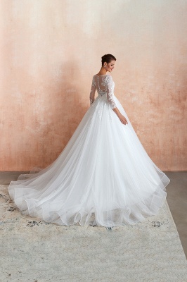 Floor Length Crew A-line Lace Tulle Wedding Dresses with Long Sleeves_4