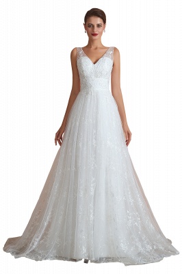 Floor Length Straps V-neck Sexy A-line Lace Tulle Wedding Dresses_1