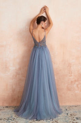Spaghetti Straps V-neck Sheer Top Sexy Long Prom Dresses with Side Slit | Elegant Tulle Evening Dresses_17