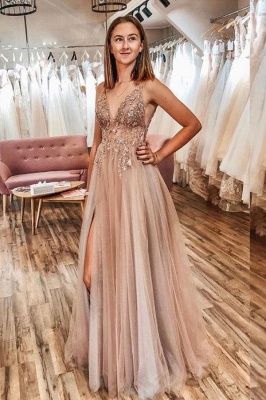 Spaghetti Straps V-neck Sheer Top Sexy Long Prom Dresses with Side Slit | Elegant Tulle Evening Dresses_6