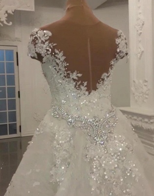 Luxury Sheer Jewel Cap Sleeve Applique Beading Mermaid Wedding Dresses With Detachable Skirt_2