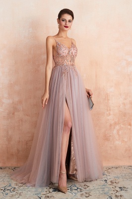 Spaghetti Straps V-neck Sheer Top Sexy Long Prom Dresses with Side Slit | Elegant Tulle Evening Dresses_12