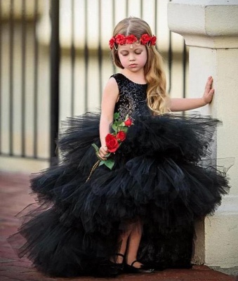 Jewel Sleeveless Hi-Lo Open Back Sequins Tulle Ball Gown Flower Girl Dresses_5
