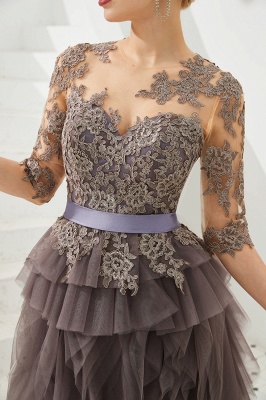 Elegant Jewel Half Sleeves Ribbon Belt A-line Lace Tulle Prom Dresses_10