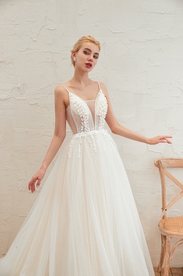 Elegant Spaghetti Straps Lace Up A-line Floor Length Lace Tulle Wedding Dresses_18