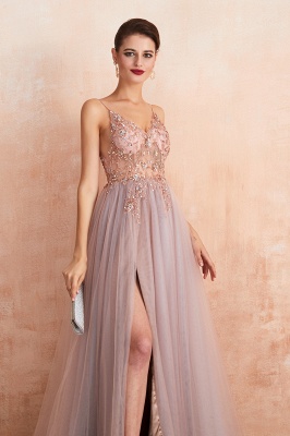 Spaghetti Straps V-neck Sheer Top Sexy Long Prom Dresses with Side Slit | Elegant Tulle Evening Dresses_14