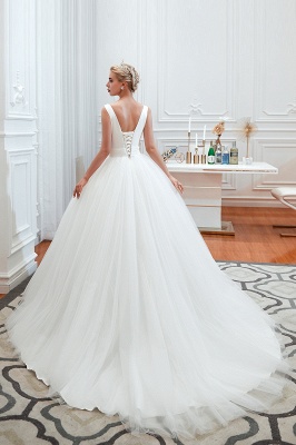 Elegant Floor Length V-neck Straps Belted A-line Tulle Wedding Dresses_11
