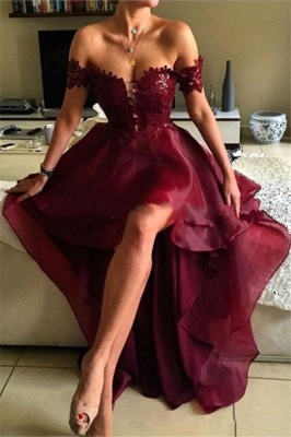Burgundy Hi-Lo Prom Dresses Off-the-Shoulder Layers Sexy Party Dresses_2