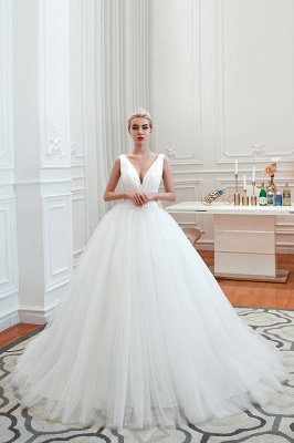 Elegant Floor Length V-neck Straps Belted A-line Tulle Wedding Dresses_13