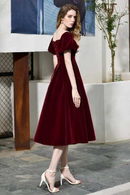 Burgundy Flare Sleeve Deep V Neck Tea Length A Line Prom Dresses | Ruffles Evening Dresses_7