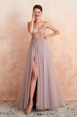 Spaghetti Straps V-neck Sheer Top Sexy Long Prom Dresses with Side Slit | Elegant Tulle Evening Dresses_20