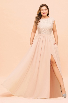 Elegant Long A-line Jewel Chiffon Lace Bridesmaid Dresses with Slit_4