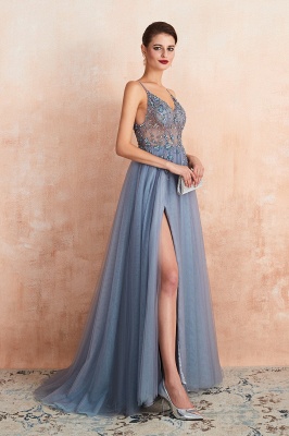 Spaghetti Straps V-neck Sheer Top Sexy Long Prom Dresses with Side Slit | Elegant Tulle Evening Dresses_18