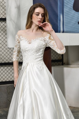 Lace Half Sleeves V Neck Wedding Gowns Satin with Train_9