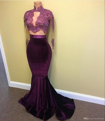2019 Two-Piece Prom Dresses Grape High Neck Long Sleeves Velvet Mermaid Evening Gowns_2