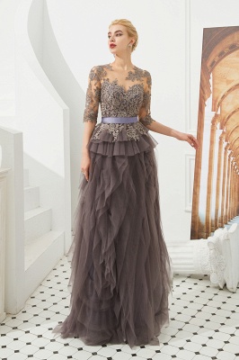 Elegant Jewel Half Sleeves Ribbon Belt A-line Lace Tulle Prom Dresses_2
